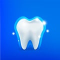 Realistic Tooth 3D, illustration for dehealthntistry. Oral care, caries protection. Shiny vector tooth on a blue