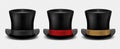 Realistic top hat. Magic hat vector. Vintage black gentleman headwears isolated on transparent background