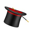 Realistic top hat. Magician symbols top hat and magical wand vector illustration Royalty Free Stock Photo