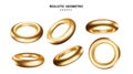 Realistic torus shapes in various positions. Vector geometric 3d golden rings collection. Geometric primitives. Minimal