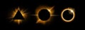 Realistic total solar eclipse set. Circle, triangle shape with shining star, lens flare yellow light overlay effect on Royalty Free Stock Photo