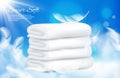 Realistic towels background. Vector white towels with feathers