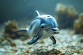 Realistic Toy Dolphin Swimming Underwater Amidst Sunlit Ocean Floor with Marine Plants Royalty Free Stock Photo