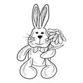 Realistic toy rabbit holding chamomile flower with tie bow on white background. Hand drawn vector sketch illustration in simple Royalty Free Stock Photo