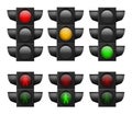 Realistic traffic light. Led lights red, yellow and green, crosswalk safety, control accidents, signals street