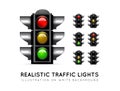 Realistic traffic light on a white background, in various color variations. Stoplight vector