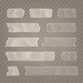 Realistic transparent adhesive tape set. Sticky scotch, duct paper strips on checkered background. Vector illustration. Royalty Free Stock Photo