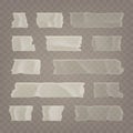 Realistic transparent adhesive tape set. Sticky scotch, duct paper strips on checkered background. Vector illustration. Royalty Free Stock Photo