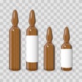 Realistic transparent brown medicine ampoule with white label. Vector ampule mockup.