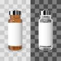 Realistic transparent brown and white medicine vial with label. Vector mockup.