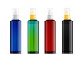 Realistic transparent cosmetic bottle sprayer container. Colored dispenser with cap for cream, perfume, and other