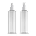 Realistic transparent cosmetic bottle sprayer container. Dispenser with cap for cream, perfume, and other cosmetics. Mockup templa
