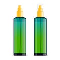 Realistic transparent cosmetic bottle sprayer container. Green gradient dispenser with yellow cap for cream, perfume, and other co