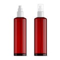 Realistic transparent cosmetic bottle sprayer container. Red dispenser with cap for cream, perfume, and other cosmetics