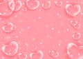 Realistic transparent 3d hearts glass effect background. Soap bubble hearts