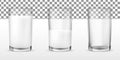 Realistic transparent glasses for milk, full and empty glass Royalty Free Stock Photo