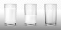 Realistic transparent glasses for milk, full and empty glass Royalty Free Stock Photo