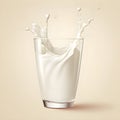 Milk and transparent cup elements isolated on warm background. Liquid splash in glass cup. Milk pours out. Vector 3d realistic Royalty Free Stock Photo