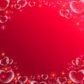 Realistic transparent hearts glass effect background. Glossy soap bubble hearts