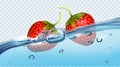 Realistic transparent isolated vector with strawberries in water splash and drops.