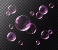 Realistic transparent pink soap bubbles with rainbow reflection. Isolated set composition. Royalty Free Stock Photo