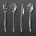 Realistic transparent plastic cutlery. Spoon, fork and knife . Disposable tableware vector set