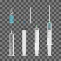 Realistic transparent plastic disposable syringe with different needles and vaccine ampoule. Vector illustration set of