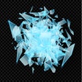 Realistic transparent shards of broken glass. Blue golssy glass pieses. Crash background