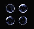 Realistic transparent soap bubble on black background. Soap Bubble set with glares. Bubbles illustration vector. Royalty Free Stock Photo