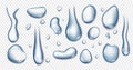 Realistic transparent water drops, clear liquid droplets, raindrops. Condensation on window or glass, rain droplet, tears vector Royalty Free Stock Photo