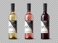 Realistic transparent wine bottles. Wine types, white, red and rose, isolated 3d mockups, grape alcohol drink, label Royalty Free Stock Photo