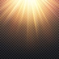 Realistic transparent yellow sun rays, warm orange flare effect isolated on checkered background Royalty Free Stock Photo