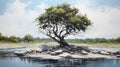 Realistic Tree Painting On Rock In River - Scott Rohlfs Inspired