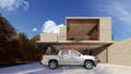 Realistic Truck Mockup On The House Garage Perspective View