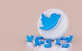 Realistic twitter sign icon on the white glossy background 3d render concpet