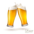 3D realistic two glasses of light beer toasting creating splash