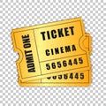 Realistic Two gold cinema tickets isolated object on transparent background. Cinema, theater, concert, movie