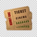 Realistic Two vintage cinema tickets isolated object on transparent background. Cinema, theater, concert, movie