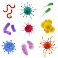 Realistic types viruses. Microorganism shapes. Bacteria, germs and bacillus flu and covid-19. Biological science