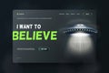Realistic ufo. Sci-fi alien spaceship background conspiracy poster, extraterrestre night abduction light beam, 3d space Royalty Free Stock Photo