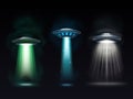 Realistic ufo. Spaceship abduction of aliens, 3d model futuristic space vessel, search alien ship, vertical beam light Royalty Free Stock Photo