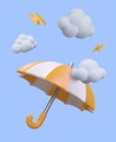 Realistic umbrella, clouds with lightning. Concept of bad weather on blue background Royalty Free Stock Photo