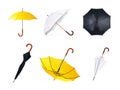Realistic umbrella. Waterproof umbel, 3d black white yellow fabric umbrellas blank mockup, inverted parasol for