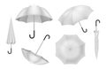 Realistic umbrella, white parasol, closed and open canopy. Plastic sun handle waterproof device, light shadow object