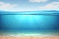 Realistic underwater background. Ocean deep water, sea under water level, sun rays blue wave horizon. Surface 3D vector