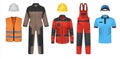 Realistic uniform. Workwear clothes mockup. Jumpsuit and t-shirt, bright jacket or vest. Safety outfit with helmet