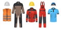 Realistic uniform. Workwear clothes mockup. Jumpsuit and t-shirt, bright jacket or vest. Safety outfit with helmet. Clothing for