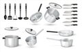 Realistic utensil. 3D steel cooking pots, metal frying pan and aluminum saucepan, knives and cooking tools. Vector
