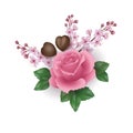 Realistic Valentine Day 3d set rose flower chocolate sakura blossom. Heart shape candy pink flower cherry petals green