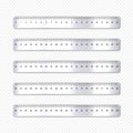 Realistic various brushed metal rulers with measurement scale and divisions, measure marks. School ruler, centimeter